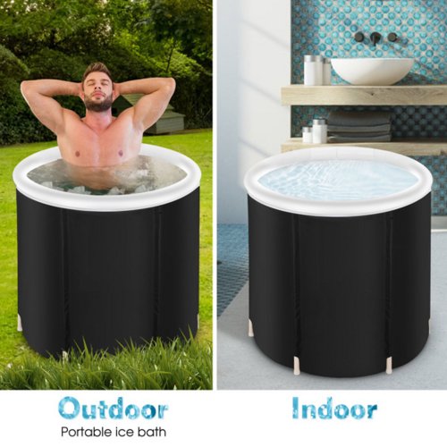 The plunge set up outdoors on grass, and indoors in a bathroom