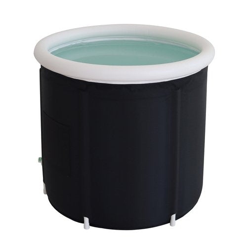 RIME One portable cold plunge: black tub with a white inflatable ring top, filled with water